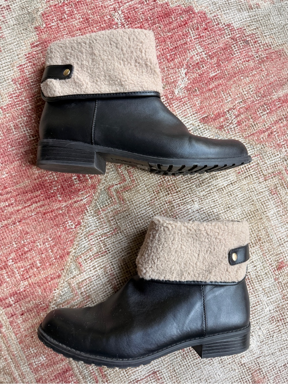 Cottagecore fall size 10 Black Leather Ankle Boots with Cream cuff